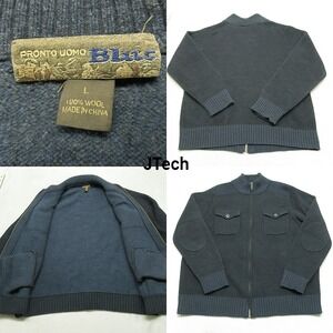 Pronto Uomo Blue Wool Sweater Men Large Navy Pockets FullZip Elbow Patch Utility